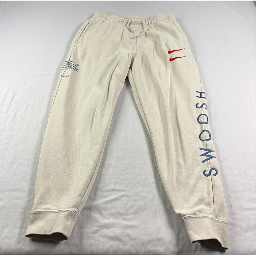 Nike‎ Jogger Sweatpants Mens Medium Beige Double Swoosh Fleece Athleisure Lounge